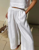 White wide-leg pants with elastic waist