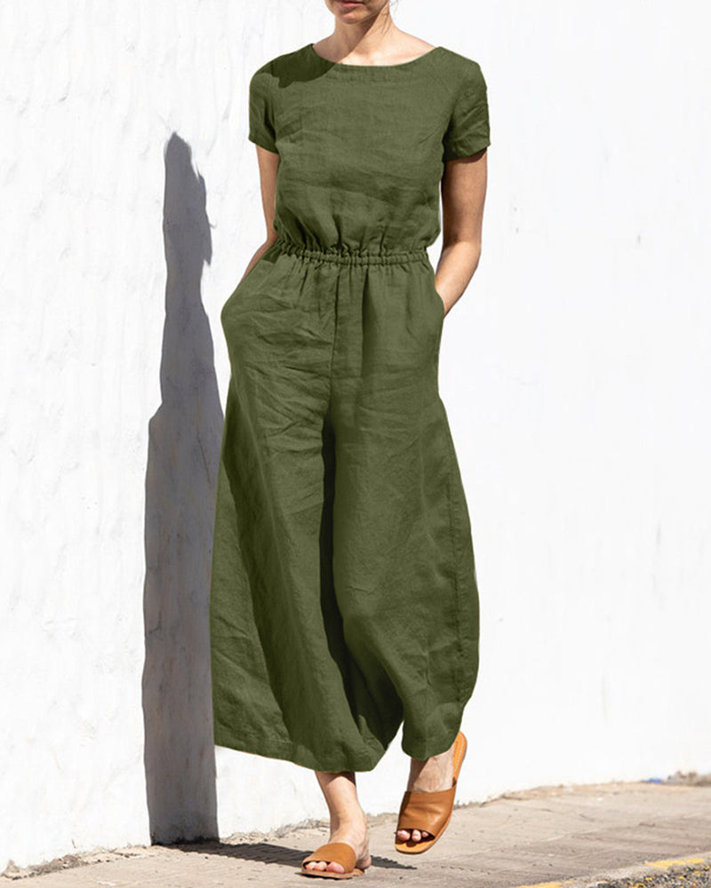 Cotton-linen wide-leg jumpsuit, army green, short sleeves, elastic waist, roomy wide legs