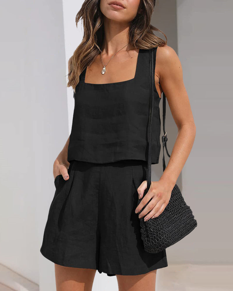 Sleeveless crop top and shorts set, black, square neckline