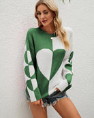 Green and white heart contrast knit sweater, long sleeves