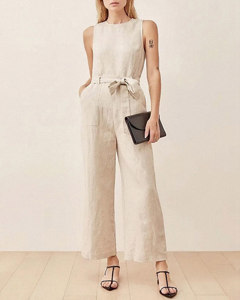 Sleeveless tie-waist pocket jumpsuit in light beige, wide-leg wide shoulder fit