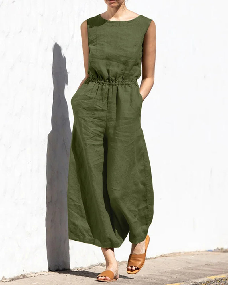 Army green sleeveless long jumpsuit with crew neck, elastic waist, wide legs
