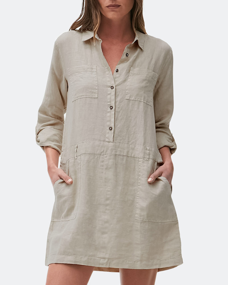 Khaki cotton-linen midi shirt dress, button front, collar, flap pockets, rolled sleeves