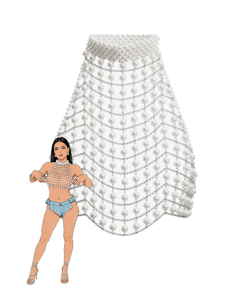 White beaded mesh halter crop top with pearl-chain drape