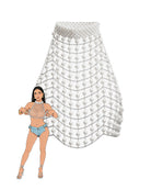 White beaded mesh halter crop top with pearl-chain drape