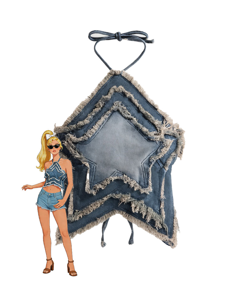 Layered denim star halter crop top with fringed trim on a hanger