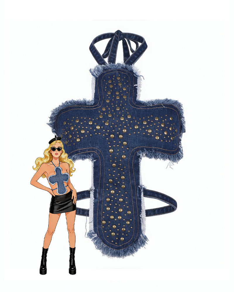 Studded blue denim cross halter crop top with frayed fringe edging