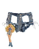Blue distressed denim cheeky shorts with lace-up eyelets and frayed, ripped seams