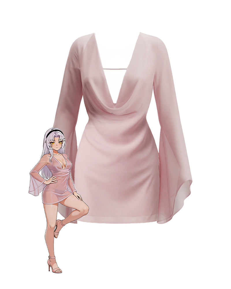 Pink chiffon mini dress with plunging draped V-neck and long sheer sleeves
