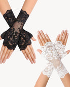 Pair of black and white lace fingerless wrist gloves with floral lace details