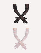 Long sheer tulle mesh gloves, dark and white pair with wrist ties