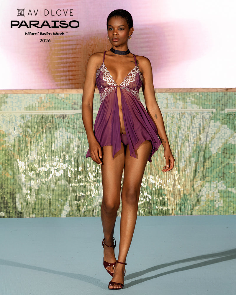 Purple lace open-front babydoll lingerie with scalloped trim and sheer skirt