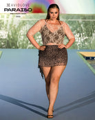 Floral lace mesh short-sleeve top with sheer sleeves, beige/tan front panel