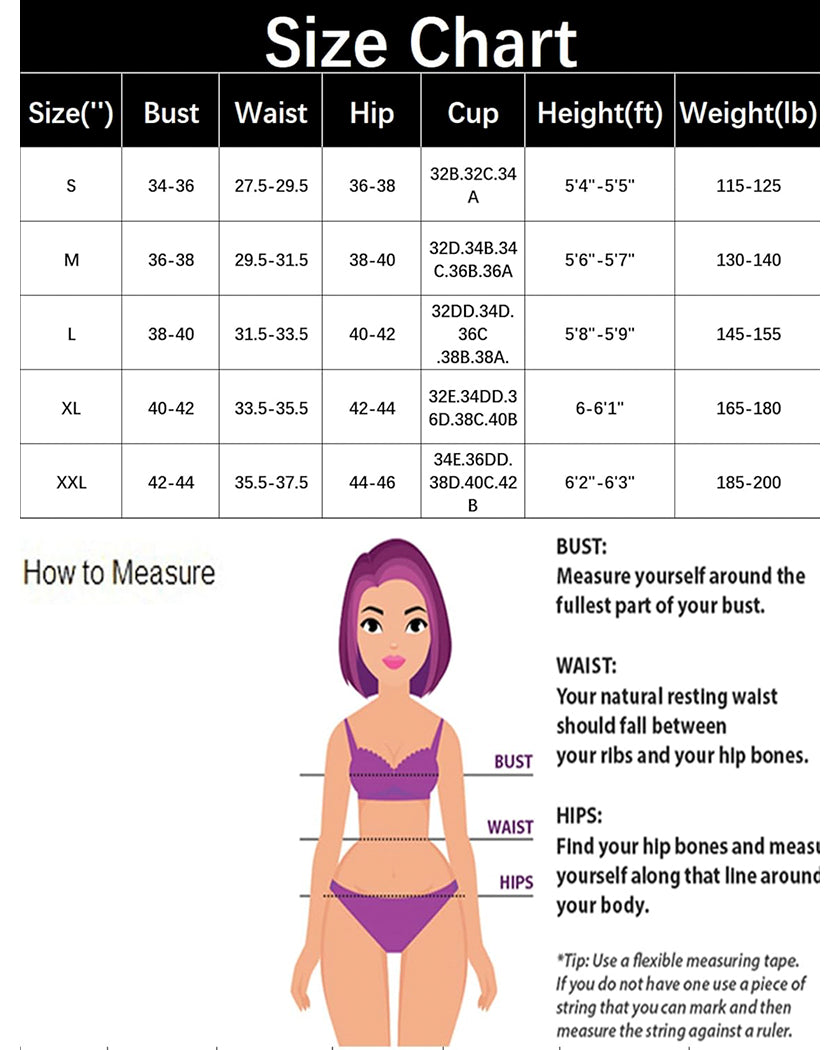Size chart table with bust, waist, hip, cup, height, and weight measurements