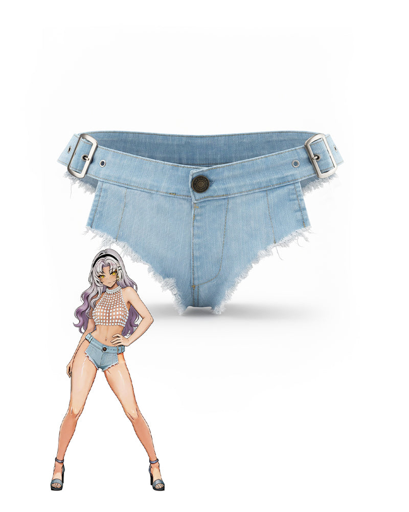 Light blue denim belted frayed-edge panties with adjustable buckle straps